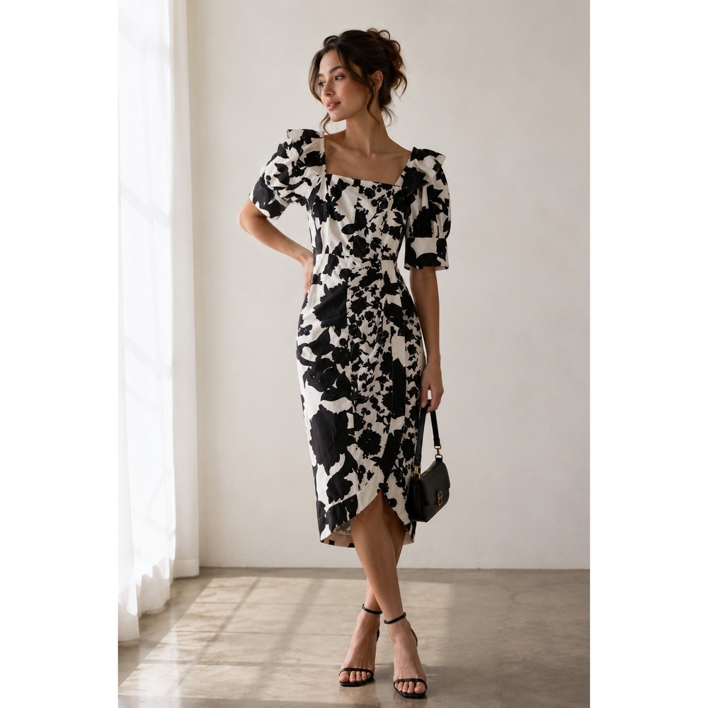 Christopher John Rogers for Target Black White Floral Puff Sleeve Midi Dress 4